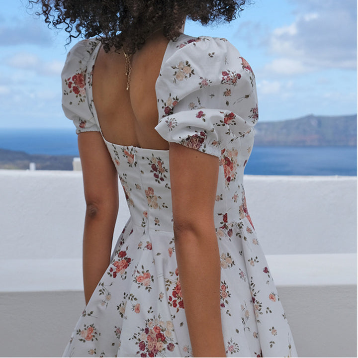 Damen Kleid mit Puffärmeln und floralem Design Drune