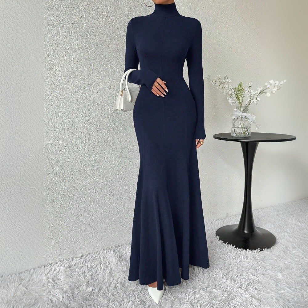 Damen figurbetontes Rollkragen-Maxikleid mit Meerjungfrauen-Silhouette, langen Ärmeln und formendem Stretch-Jersey Drune
