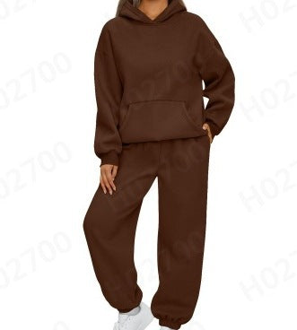 Damen nan gemütliches French-Terry Loungewear-Set mit doppellagiger Kapuze, Kängurutasche und elastischem Knöchel-Jogger Drune