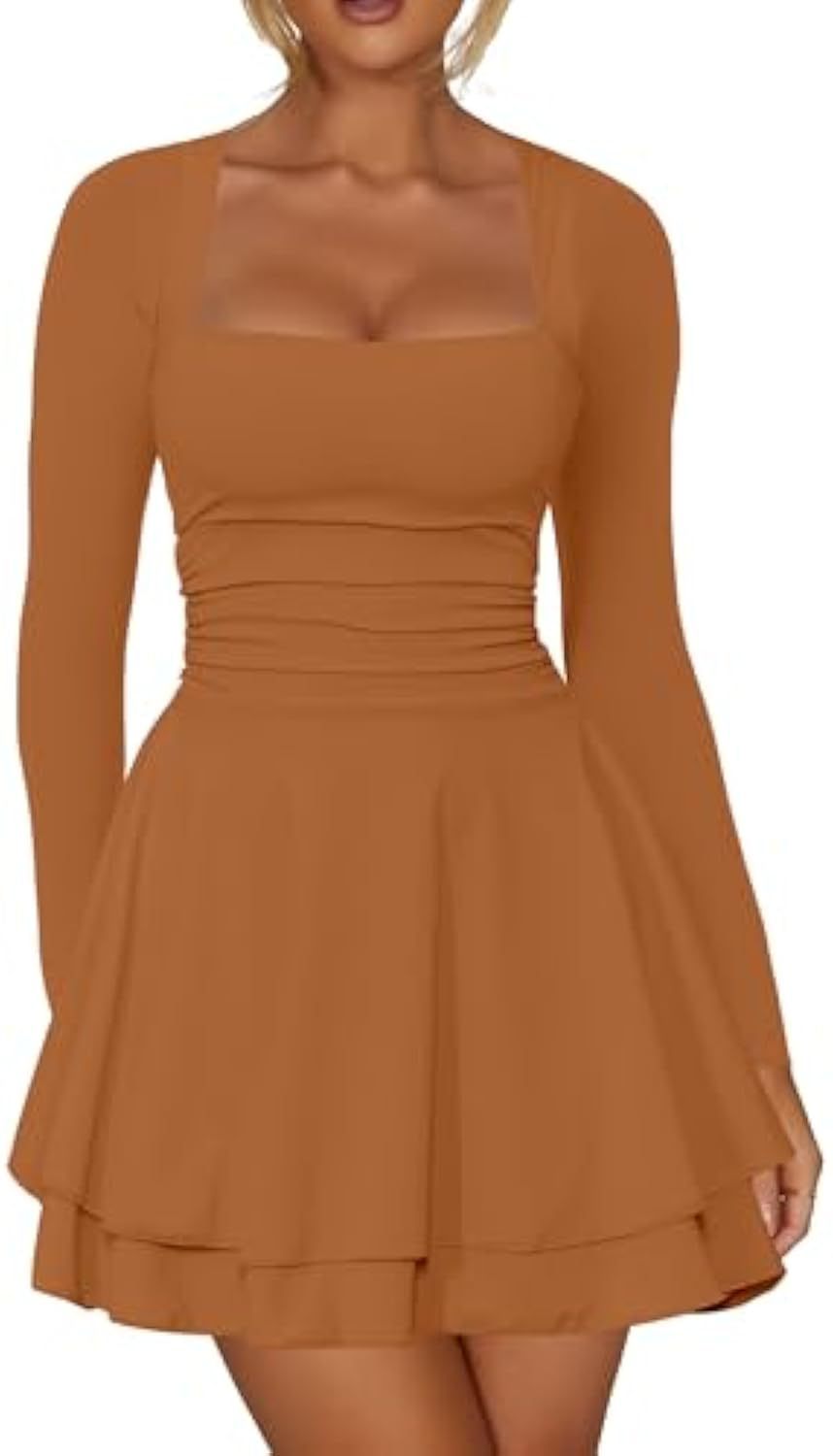 Damen Figurbetontes Jersey-Minikleid mit quadratischem Ausschnitt, taillierter Passform und Stufenrock Drune