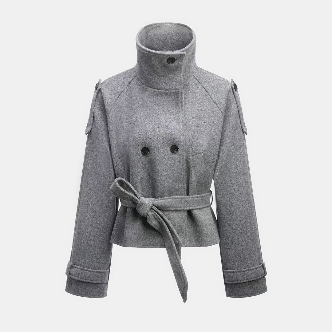 Damen Cropped Wollmix‑Kurzmantel mit hohem Stehkragen, Epauletten und Taillengürtel Drune