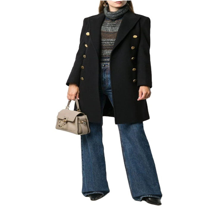 Damen Militärisch-inspirierter Taillierter Longcoat im Tailoring mit dekorativen Metallknöpfen Drune
