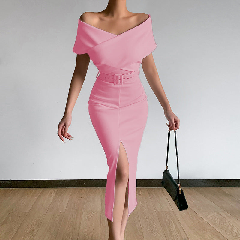 Damen Off-Shoulder Maxikleid mit Taillengürtel und seitlichem Schlitz Drune