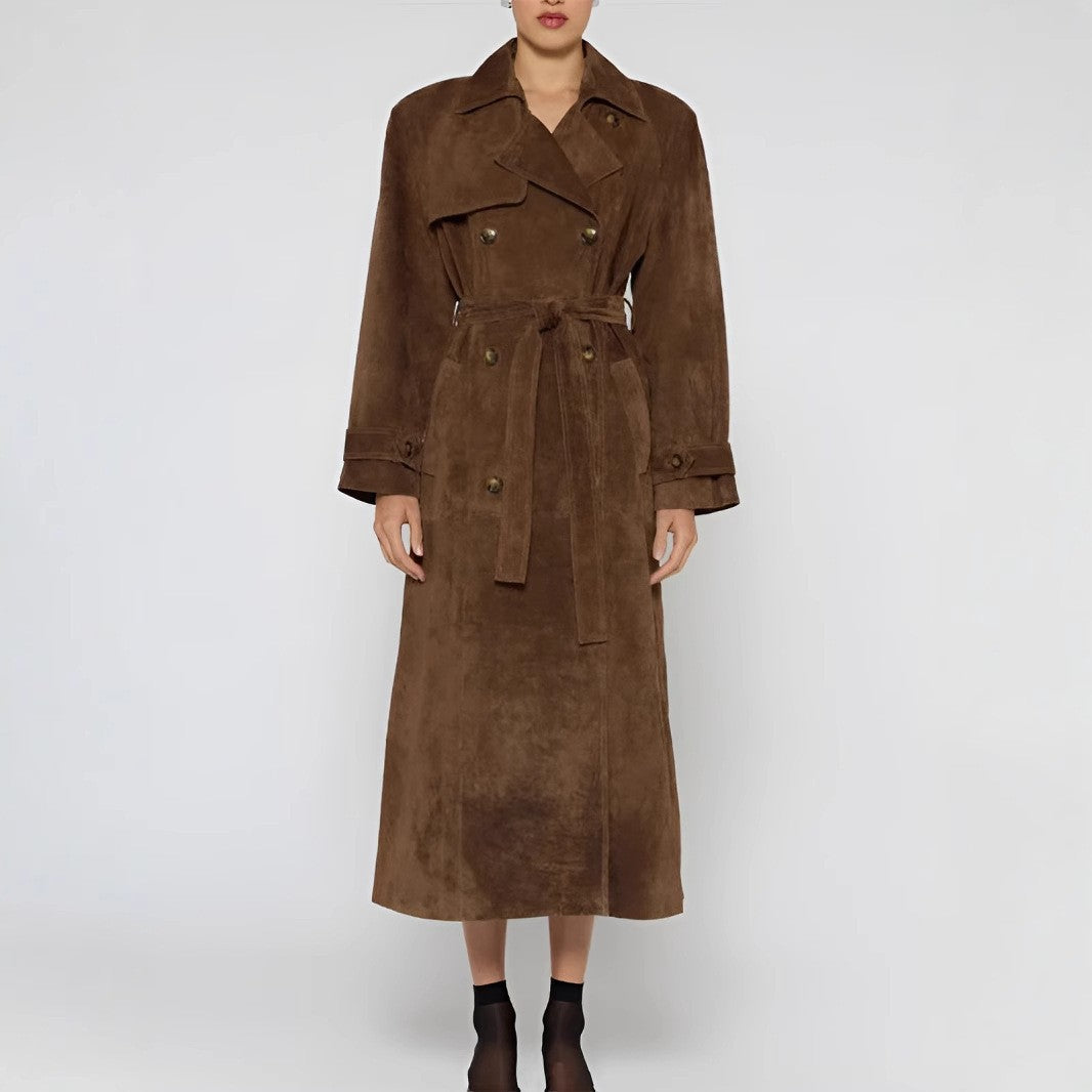 Damen langer Wildleder-Trenchcoat mit Taillengürtel Drune
