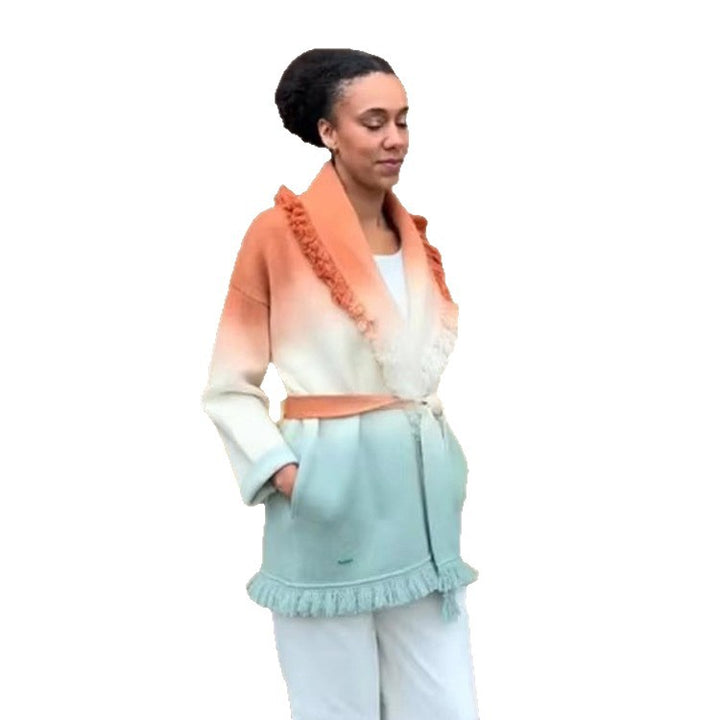 Damen Farbverlauf-Strickcardigan mit Fransen und Schalkragen Drune