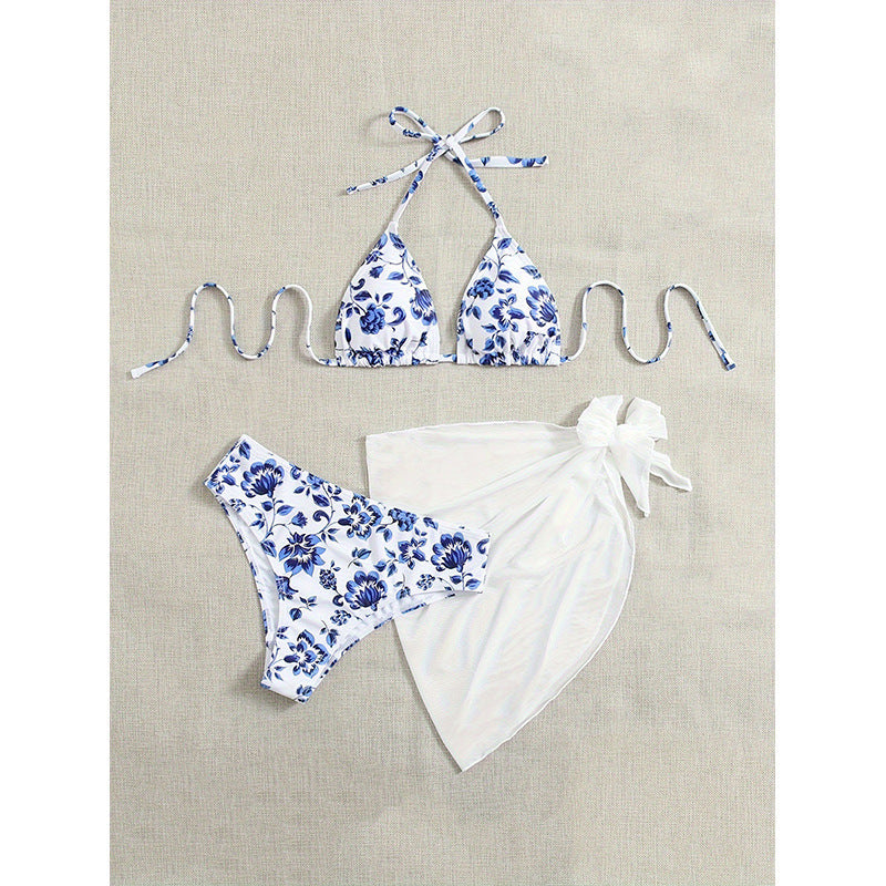 Damen Bunt gemusterter Triangel-Bikini-Set mit leichtem Überwurf Drune