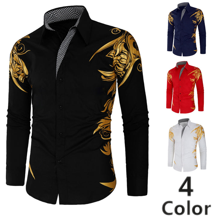Herren Figurbetontes Button-Down-Hemd mit goldverzierter Ornamentik und kontrastiertem Innenkragen Drune