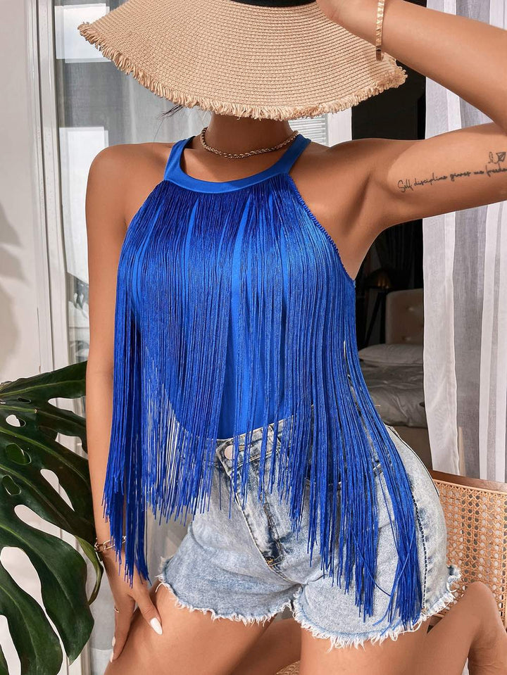 Damen Top mit Fransen und Halterneck-Design Drune