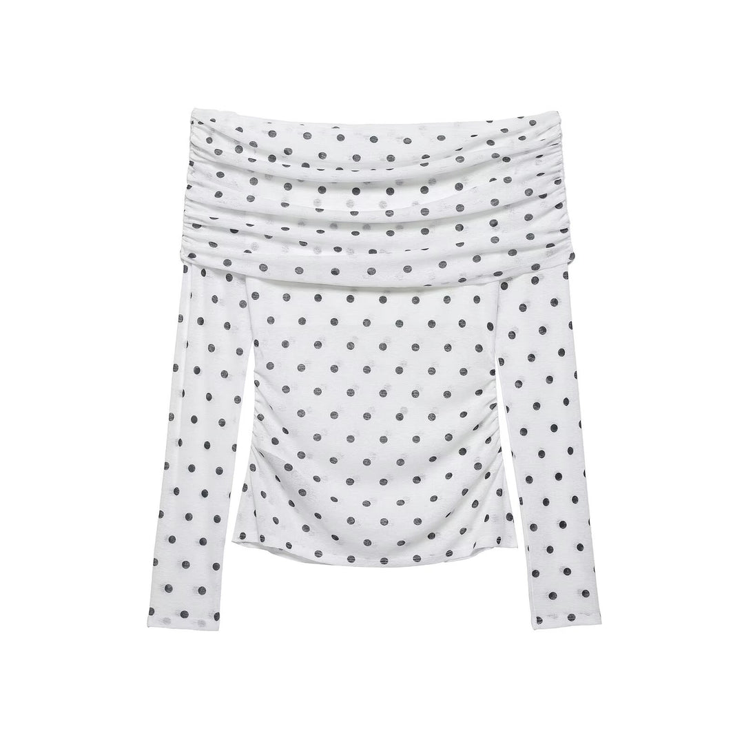Damen Schulterfreies Langarm-Top mit Wasserfallkragen und Polka-Dot-Print Drune