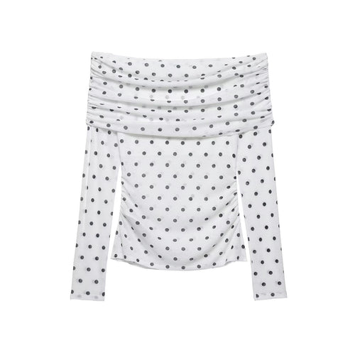 Damen Schulterfreies Langarm-Top mit Wasserfallkragen und Polka-Dot-Print Drune