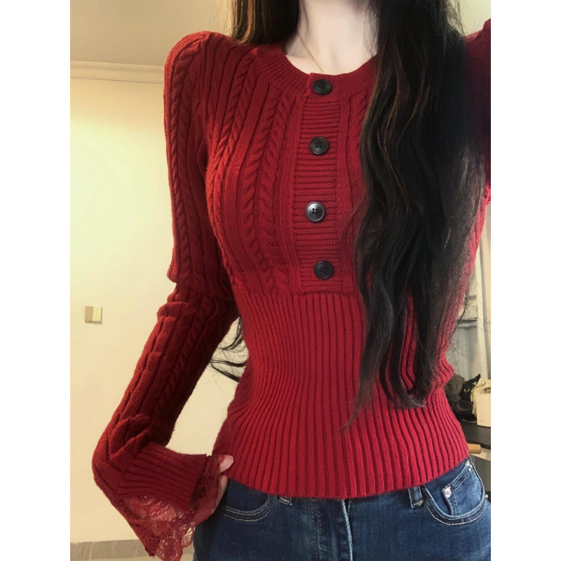 Damen Strickpullover mit raffiniertem Zopfmuster und romantischen Spitzenärmeln Drune