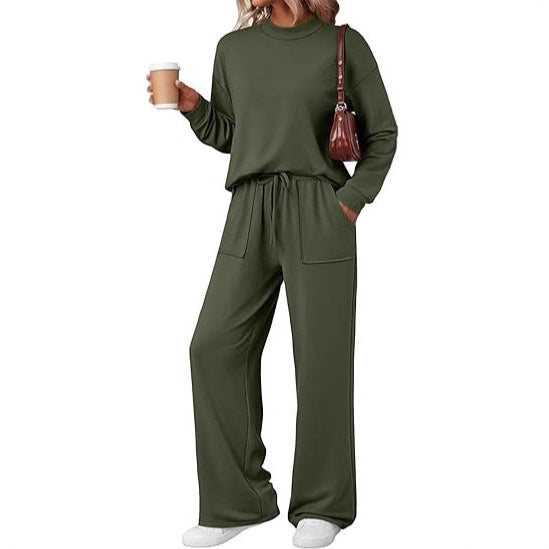 Damen Loungewear-Zweiteiler aus weichem Jersey mit Rundhalsausschnitt und weitem Kordelzug-Hose Drune