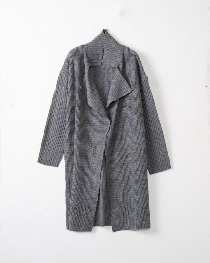 Damen langer offener Rippstrick-Cardigan mit weitem Schalkragen Drune