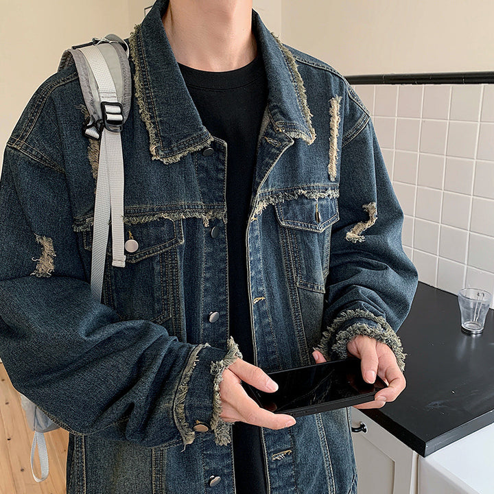 Herren Oversize Jeansjacke mit Used‑Look, ausgefransten Kanten und Druckknöpfen Drune