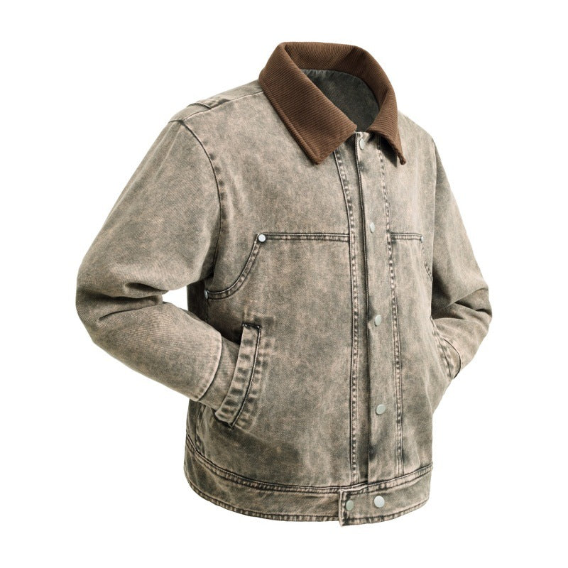 Herren wattierte Jeansjacke mit Cordkragen, Druckknopfleiste und praktischen Seitentaschen Drune