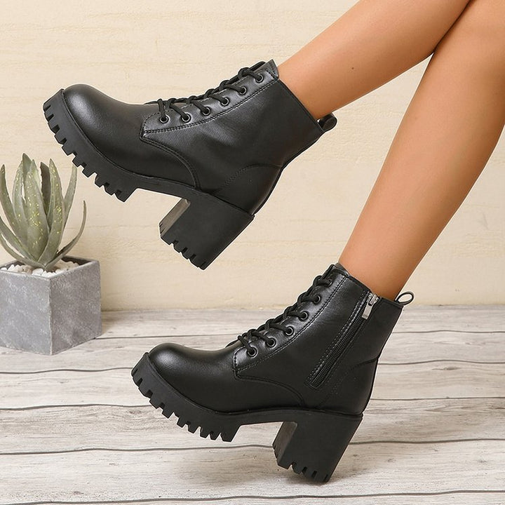 Damen High-Top Stiefeletten mit robustem Blockabsatz und Schnürung Drune