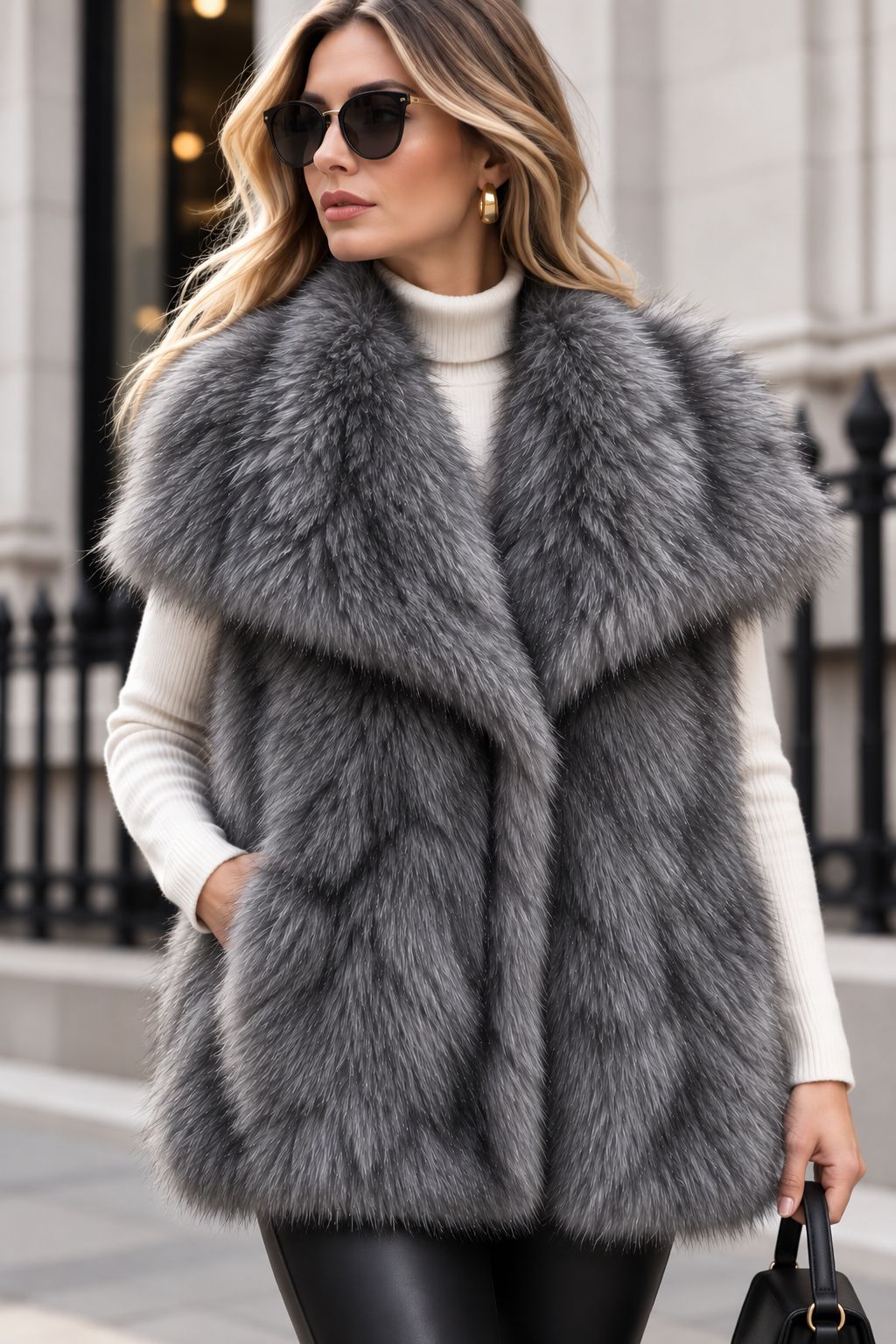 Damen Ärmellose Hochflor‑Kunstfellweste mit voluminösem Schalkragen und Eingrifftaschen Drune