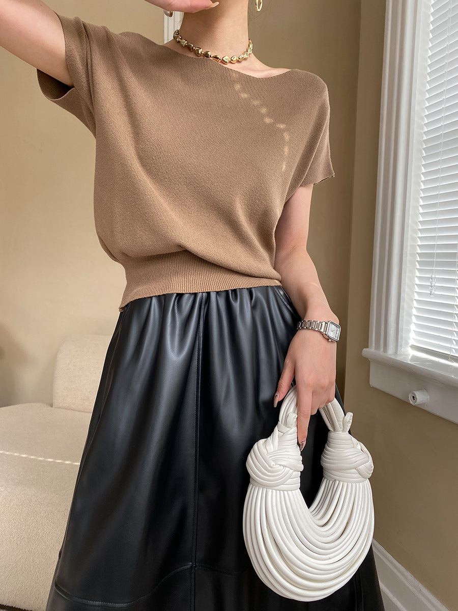 Damen elegantes kurzärmeliges Strickoberteil mit feiner Rippstruktur Drune