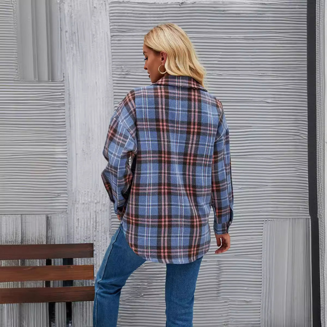 Damen Flanell-Hemdjacke mit kariertem Muster und praktischem Taschen-Design Drune