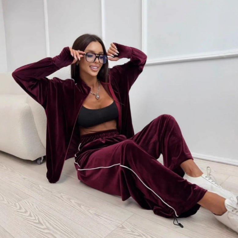 Damen eleganter Fleece-Trainingsanzug mit praktischen Taschen und elastischen Bündchen