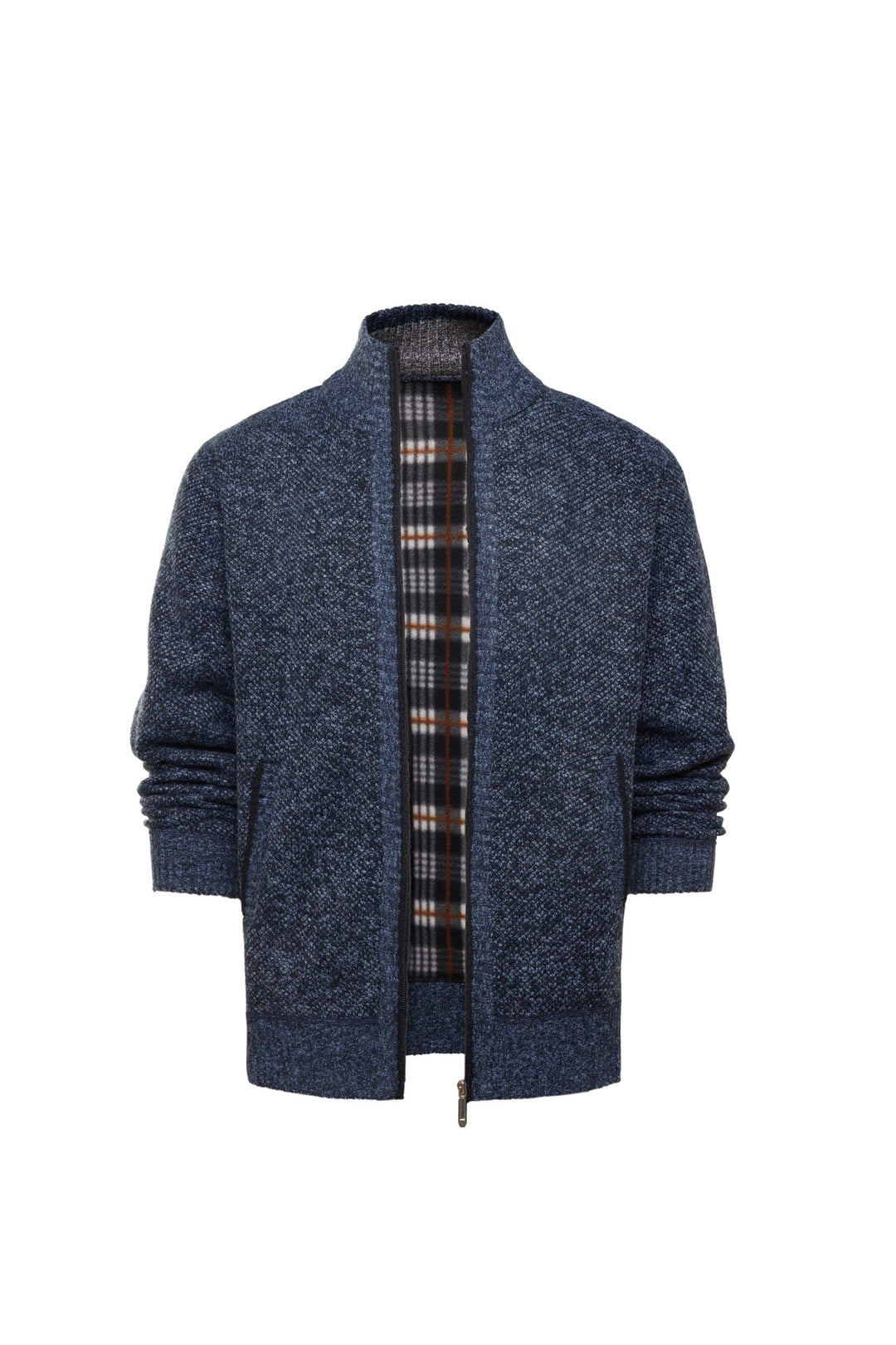 Herren gebürstete Strickjacke mit kariertem Thermofutter und Stehkragen Drune