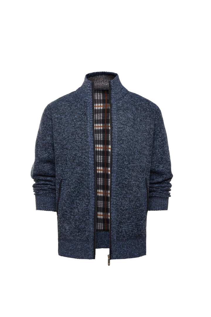 Herren gebürstete Strickjacke mit kariertem Thermofutter und Stehkragen Drune