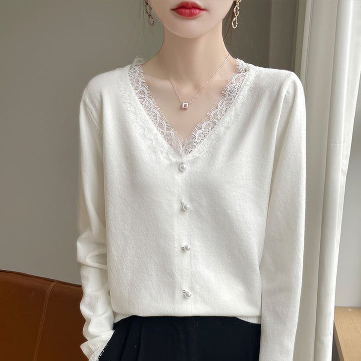 Damen Zarter V-Ausschnitt-Feinstrickcardigan mit floraler Spitzenkante und Perlenverzierung Drune