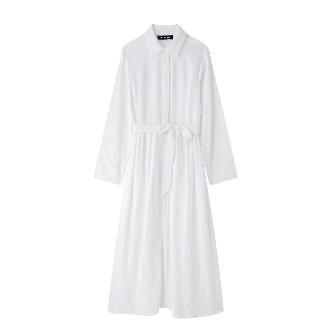 Damen Hemdkleid mit Taillengürtel und fließender Maxirock-Silhouette Drune