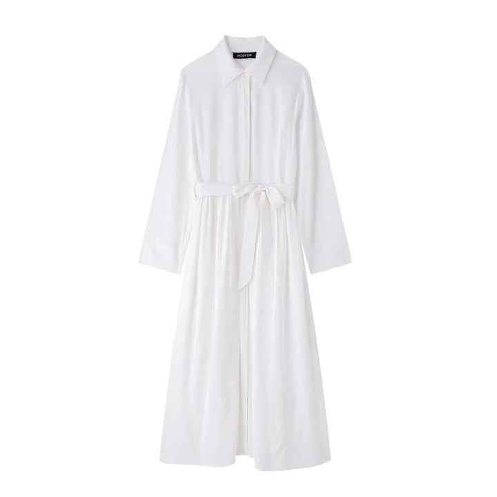 Damen Hemdkleid mit Taillengürtel und fließender Maxirock-Silhouette Drune