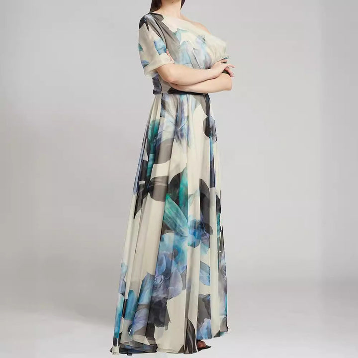 Damen elegantes Chiffon-Kleid mit schulterfreiem Design und floralem Muster Drune