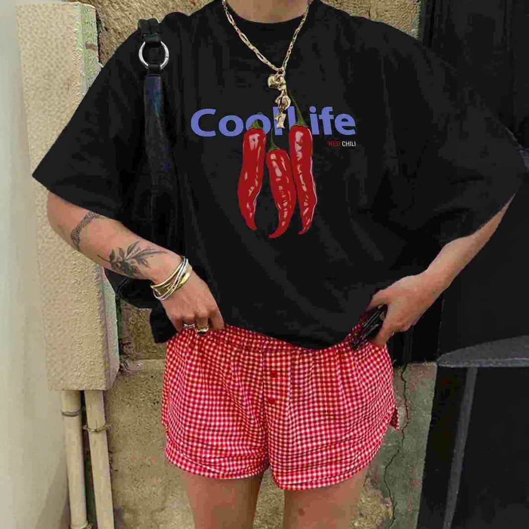 Damen Oversized T-Shirt mit kreativem Chili-Motiv und lässigem Schnitt Drune