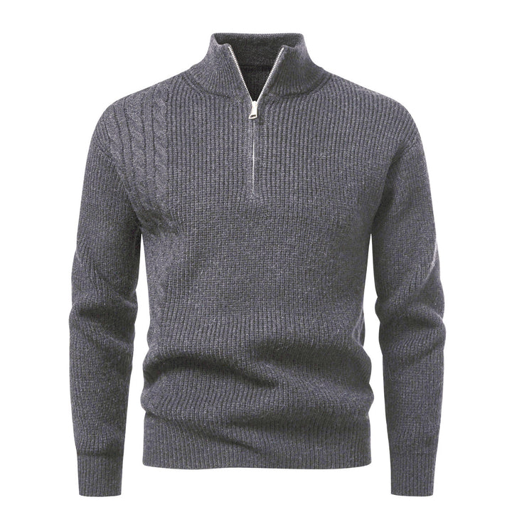 Herren Feinstrick-Halbzip-Pullover mit Stehkragen, Rippstruktur und Schulter-Zopfdetail Drune