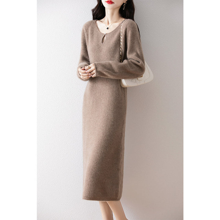 Damen gemütliches Strickkleid mit tiefem Ausschnitt und eleganter Schnittführung Drune