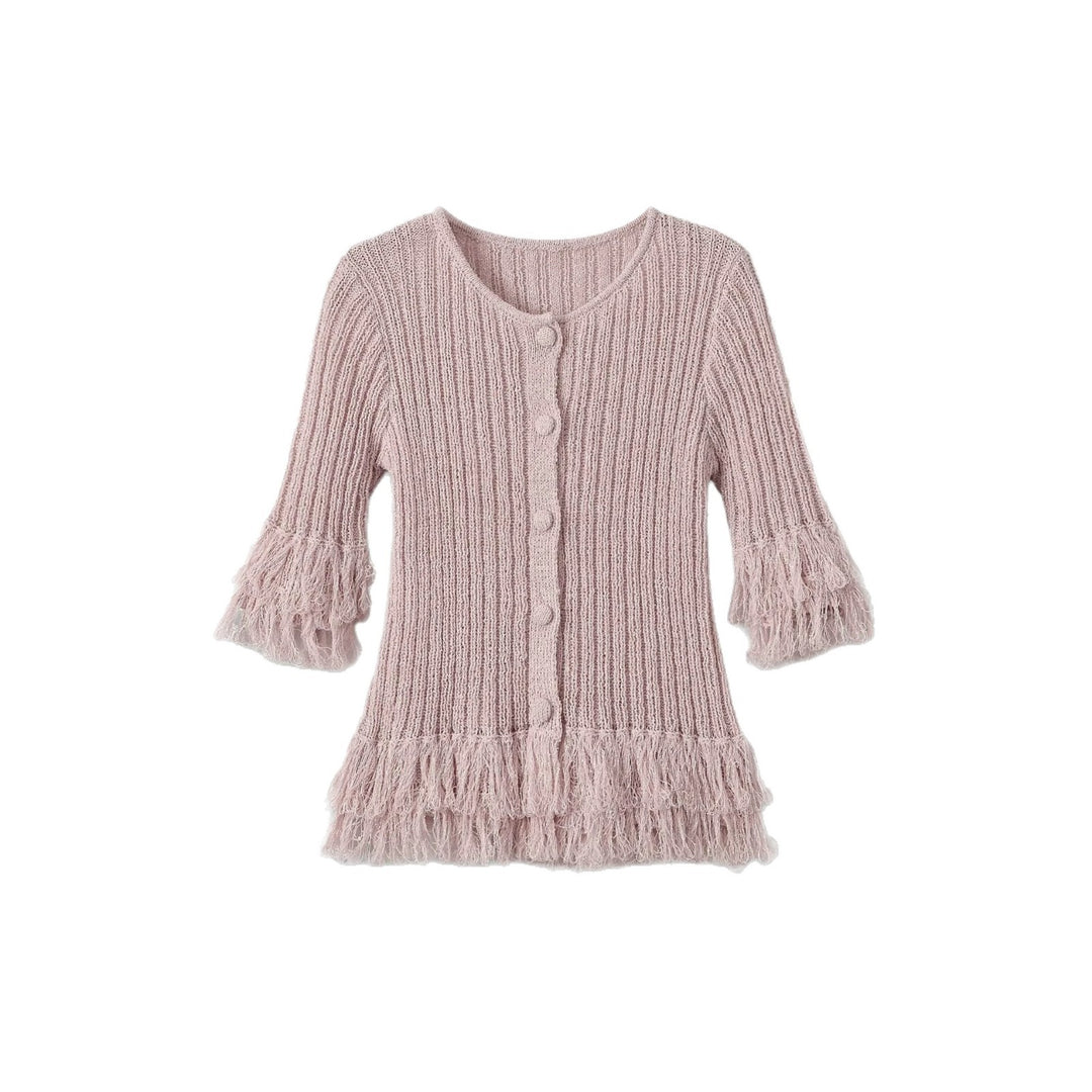 Damen Feinstrick-Cardigan mit Fransenstufen und dekorativen Kugelknöpfen Drune