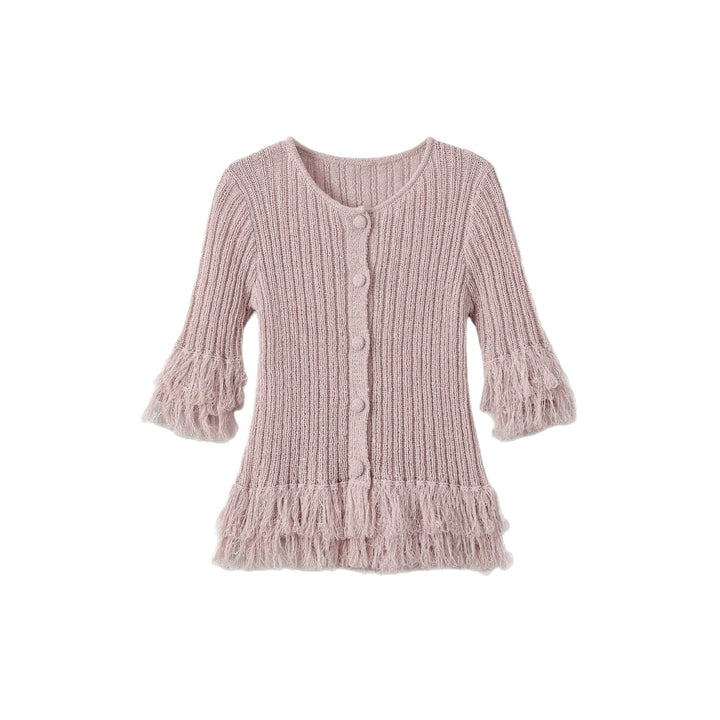 Damen Feinstrick-Cardigan mit Fransenstufen und dekorativen Kugelknöpfen Drune