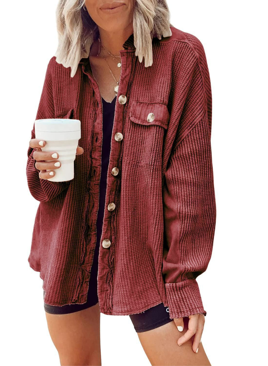 Damen Lässige Waffle-Strickjacke mit praktischen Taschen und Knopfdetails Drune