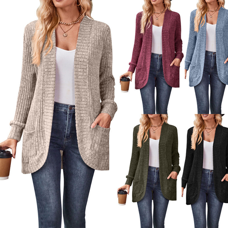 Damen nan langer gerippter Cardigan mit aufgesetzten Taschen und offener Front Drune