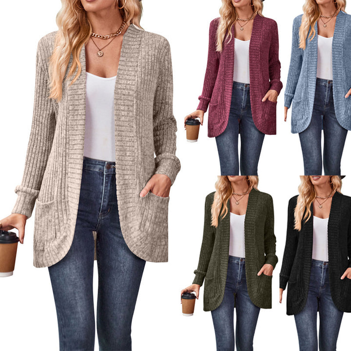 Damen nan langer gerippter Cardigan mit aufgesetzten Taschen und offener Front Drune