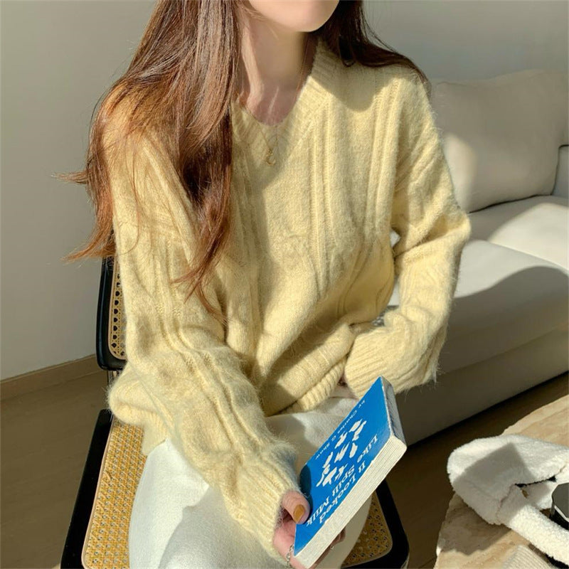 Damen kuscheliger Strickpullover mit V-Ausschnitt und Zopfmuster Drune