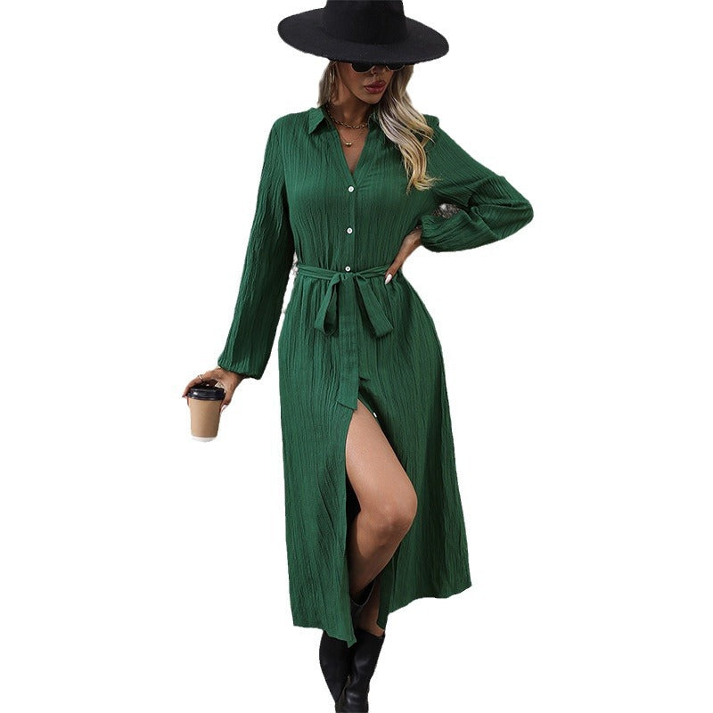 Damen Langarm Hemdblusenkleid mit Gürtel Drune