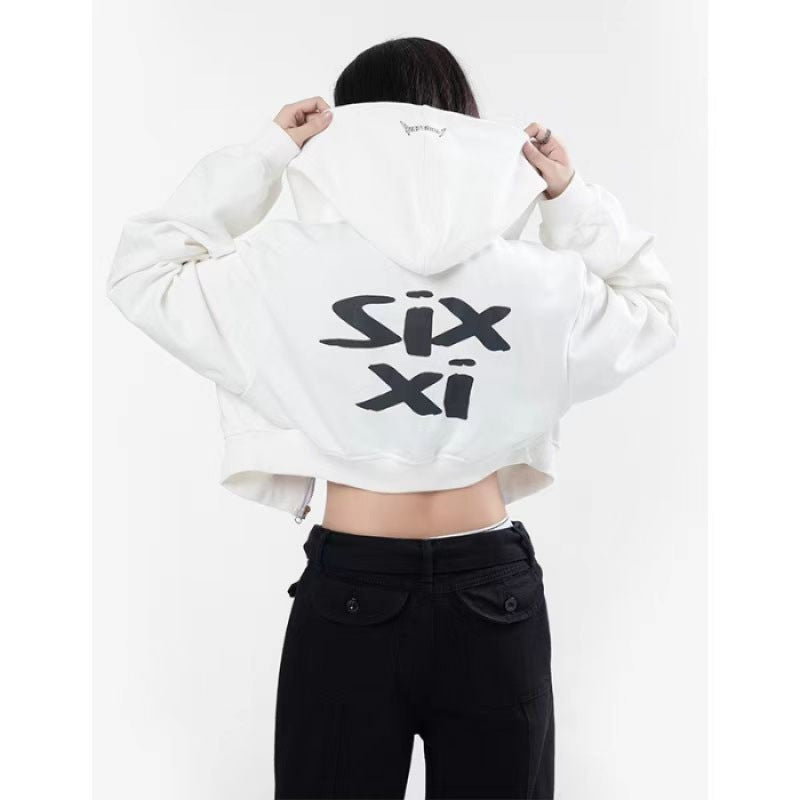 Damen nan cropped Kapuzenpullover im Streetwear-Style mit auffälligem Rückenprint und geripptem Saum Drune