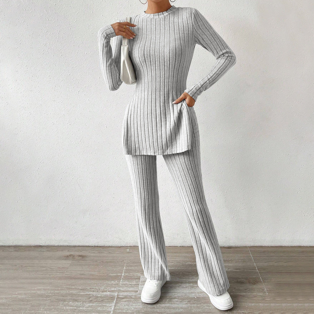 Damen geripptes Feinstrick-Lounge-Set mit seitlicher Saumschlitzen, figurbetontem Longsleeve und weitem Highwaist-Hose Drune