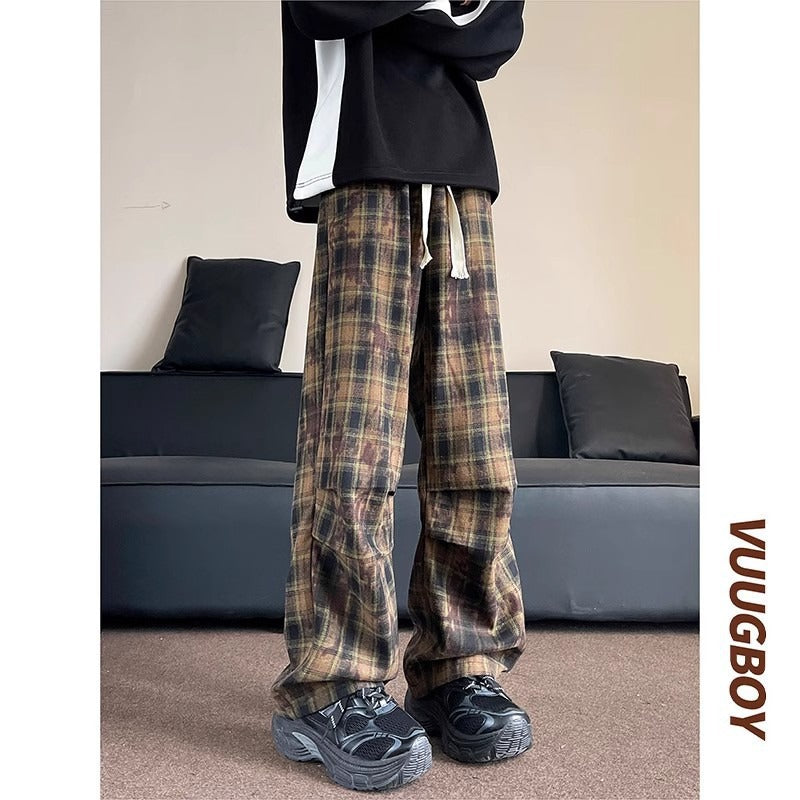 Herren weite karierte Flanellhose mit Kordelzug im Baggy-Schnitt Drune
