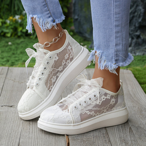Damen Plateau-Sneaker mit Spitzen-Overlay und transparenten Organzabändern Drune