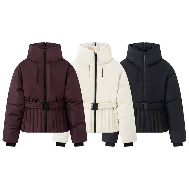 Damen nan gesteppte Taillen-Steppjacke mit hohem Kragen, Taillengürtel und Plissee-Saum Drune