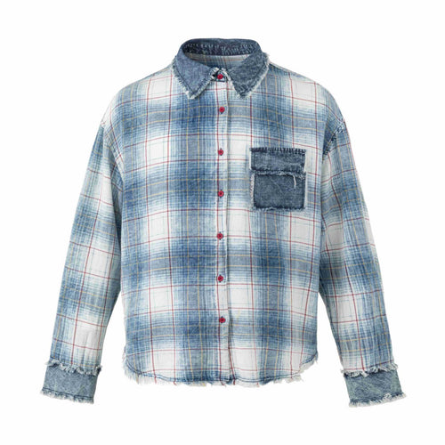 Damen Oversize kariertes Hemdjacke mit Denim-Applikationen und ausgefransten Kanten Drune