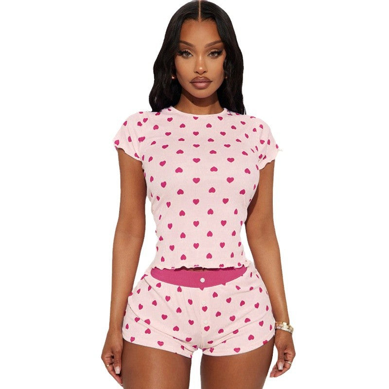 Damen Pyjama Set mit herzförmigem Muster und elastischem Bund Drune
