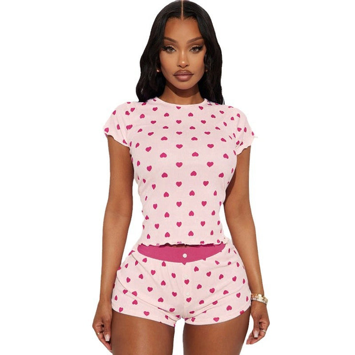 Damen Pyjama Set mit herzförmigem Muster und elastischem Bund Drune