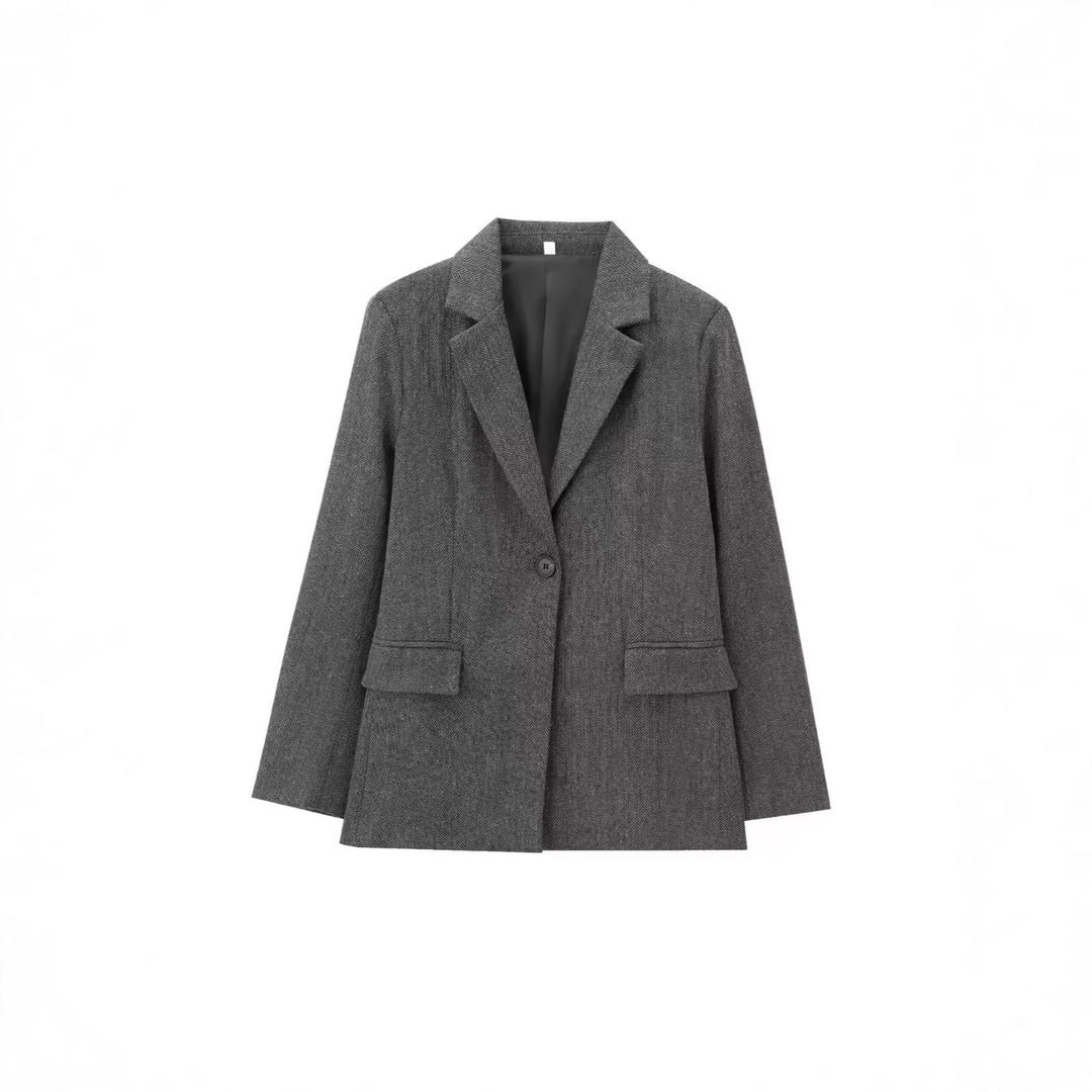 Damen Einreihiger Blazer mit Fischgrätmuster, Reverskragen und Pattentaschen Drune