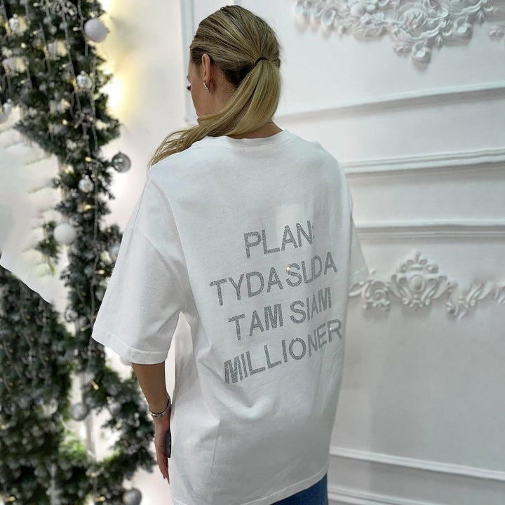 Damen oversized Statement-T-Shirt mit Strassschrift auf dem Rücken Drune